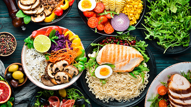 Pictures of pasta, coffee, fruit and curry powder.